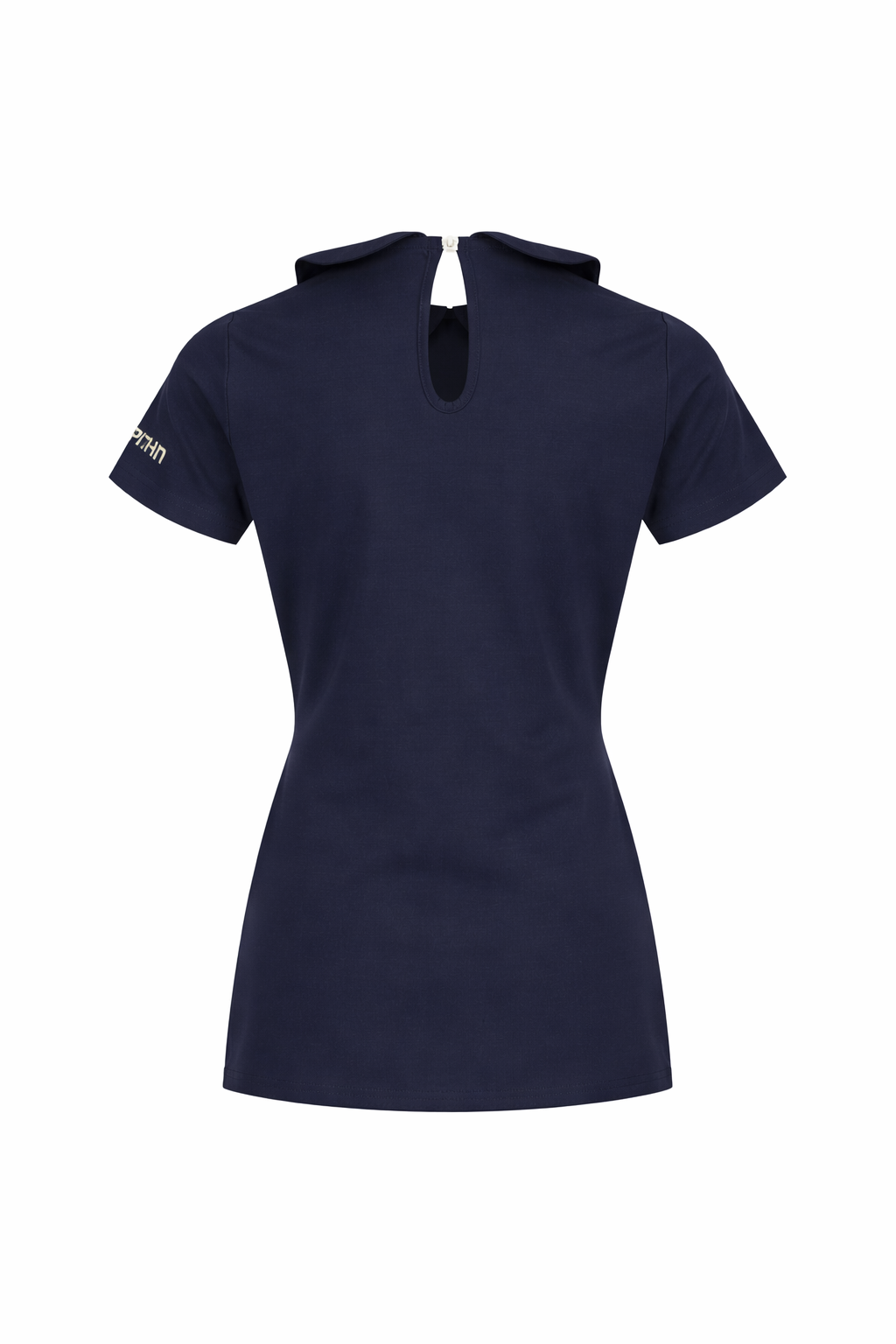 Navy blue golf top with a brand logo on a white background. Rear view of top.
