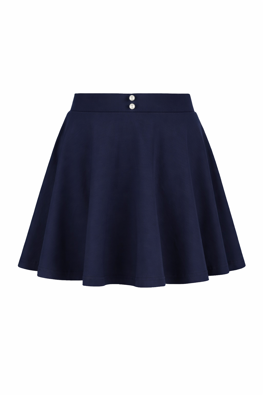 Navy blue skirt with a pearl white button on a white background