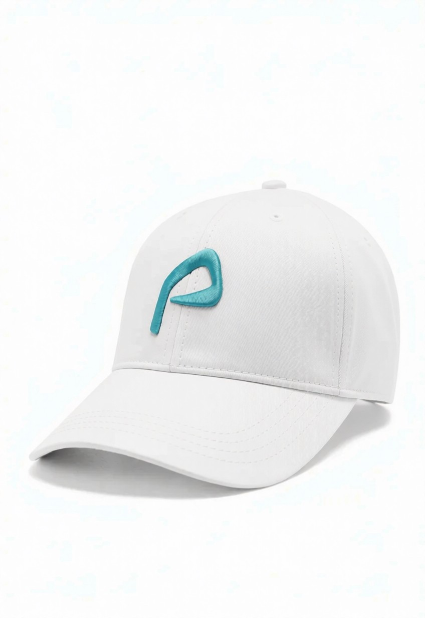 A white golf cap with a curved brim, featuring a turquoise embroidered stylized 'P' logo on the front, set against a plain white background.
