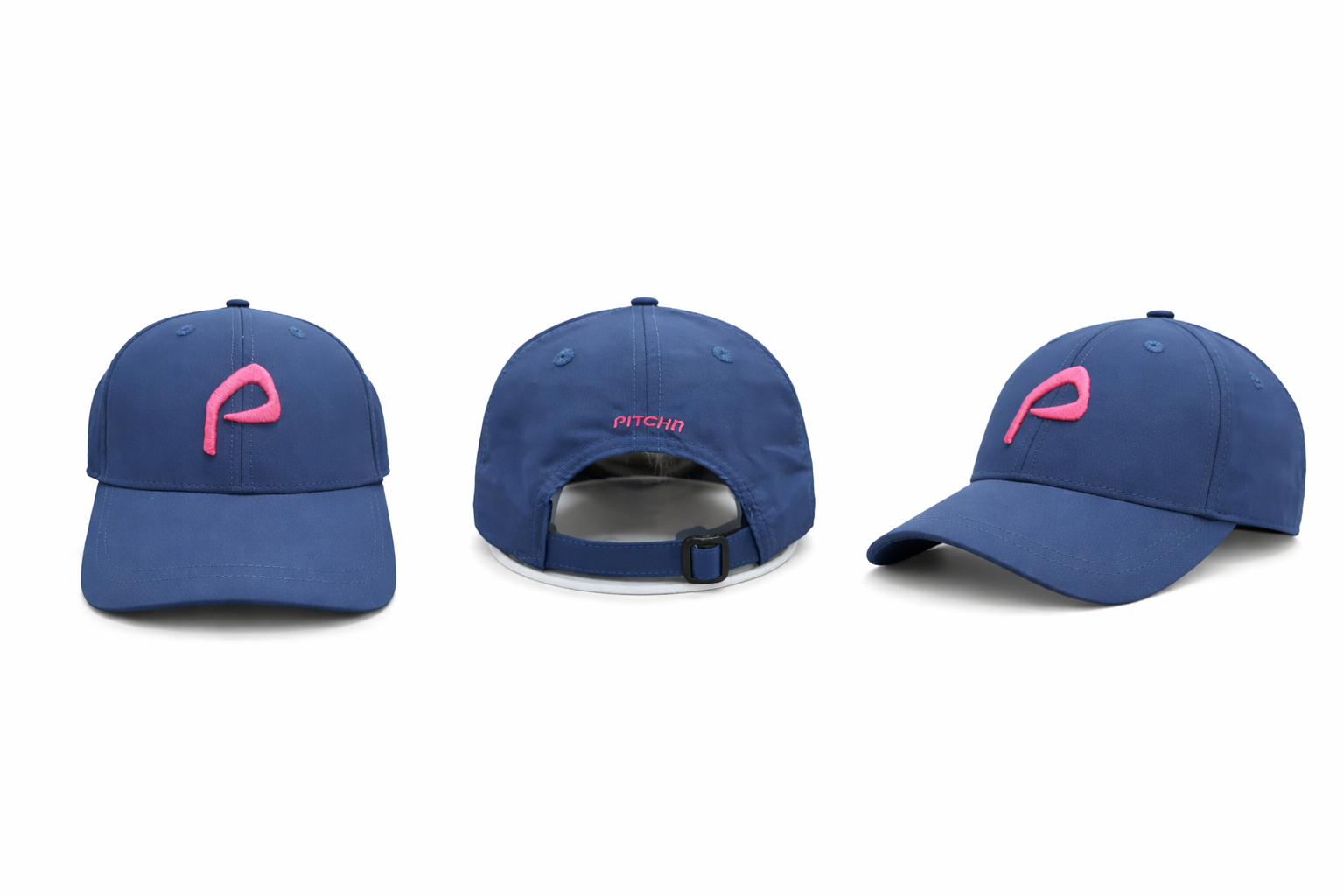 Three blue golf caps with pink logos on a white background