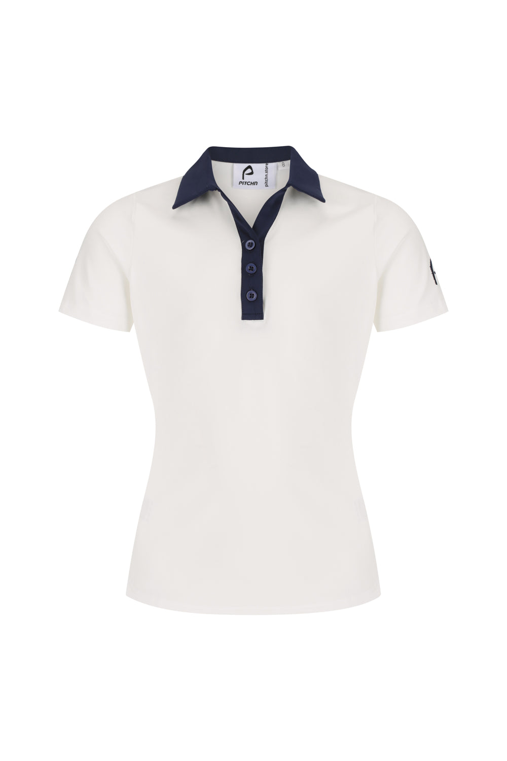 White golf polo shirt with navy collar and buttons for girls - on a white background