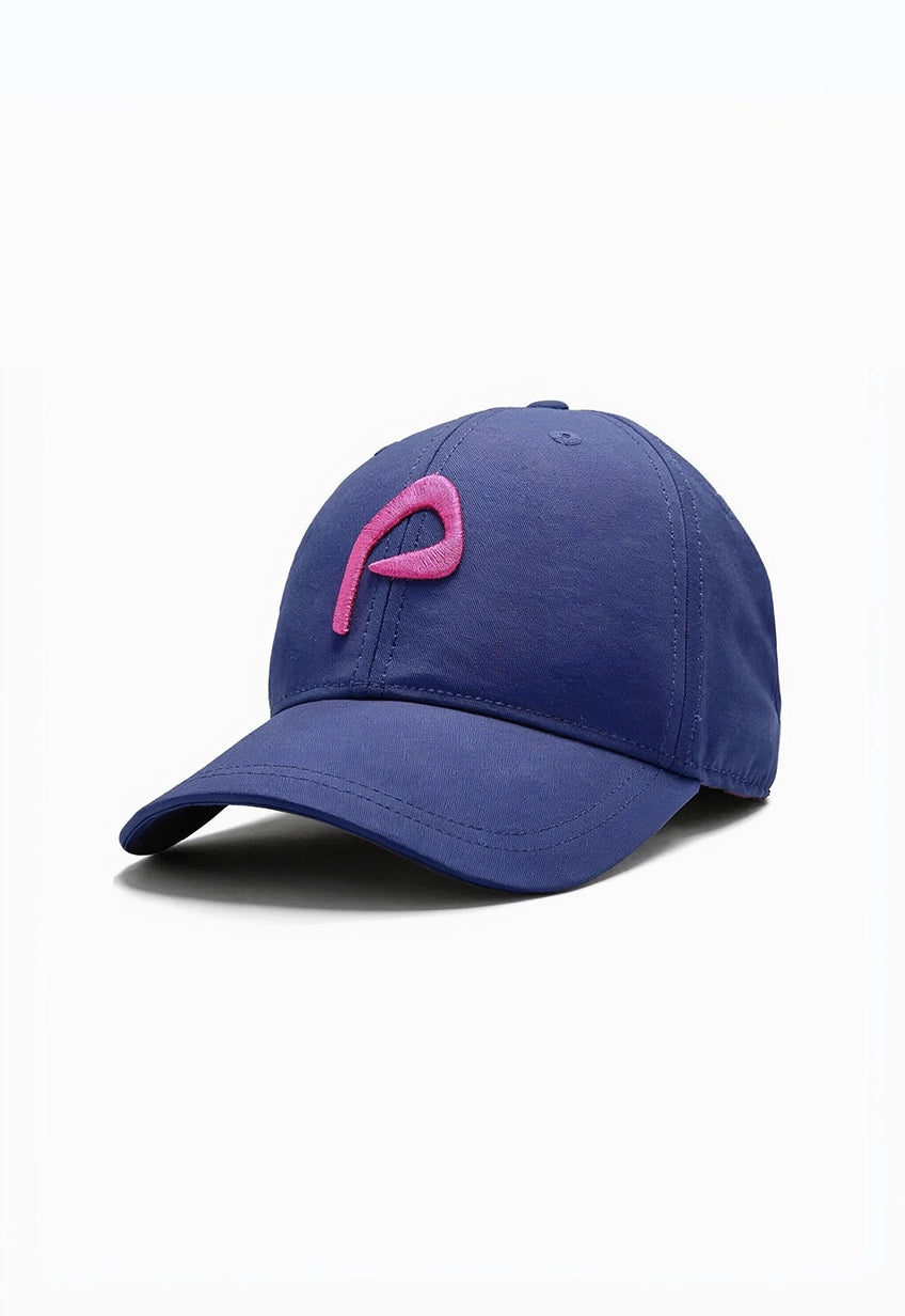 A navy blue golf cap with a pink embroidered stylized letter 'P' on the front, shown against a plain white background.