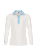 White long-sleeve golf polo shirt with light blue collar on a white background for kids and girls.