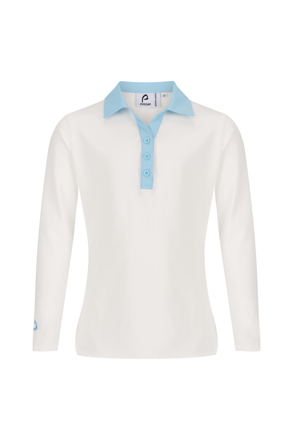 White long-sleeve golf polo shirt with light blue collar on a white background for kids and girls.